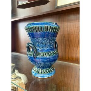 Authentic Bitossi Blue and Green Italian Pottery Vase with Handles